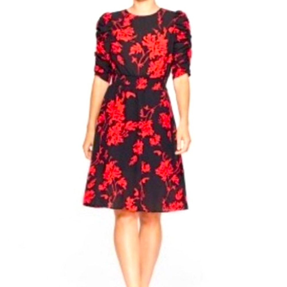 Black and Red Floral Midi Dress with 3/4 Ruched Sleeves - Picture 6 of 6